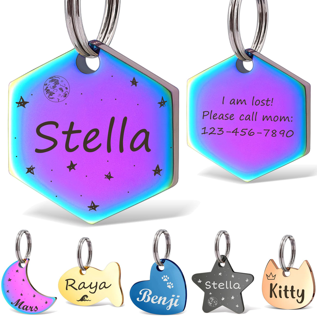 Anavia Small Size Dog Cat ID Tags, Small/XS Personalized Color Plated Stainless Steel Puppy Kitten Name Tags, Customized Engraved Nameplate Pet Collar Tag (Blue, Star)