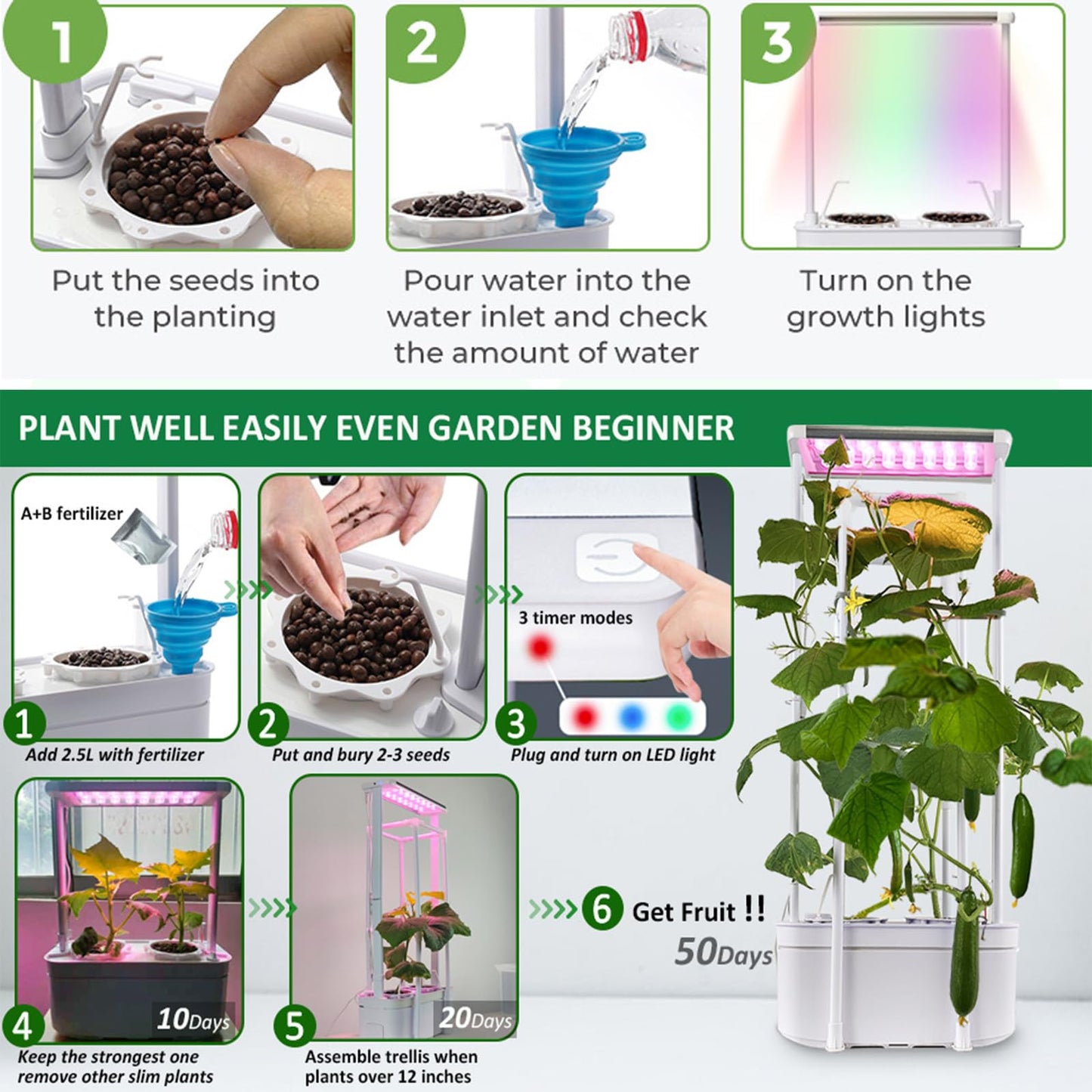 E SUPEREGROW Hydroponics Growing System kit with Trellis,Smart Hydroponic Gardening System with LED Grow Light, Indoor Hydroponic Garden Herb Grow Kit for Short Tomato,Pepper,Cucumber (6200LC)
