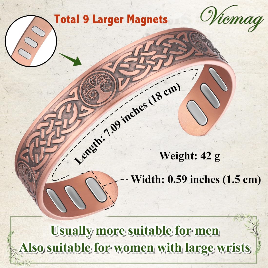 Vicmag Copper Bracelet for Men 9X Strength Magnetic 99% Pure Copper with 5000 Gauss Magnets, Tree of Life Present Box Adjustable(Axe & Sun Moon Tree)