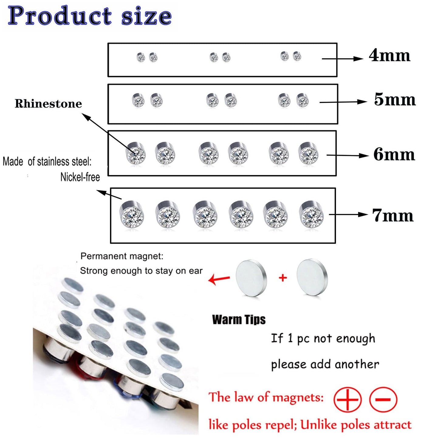 Spiritlele 12 Pairs Clear Crystal Magnetic Earrings Set Clip on Non Piercing Fake Stud Earrings for Unisex