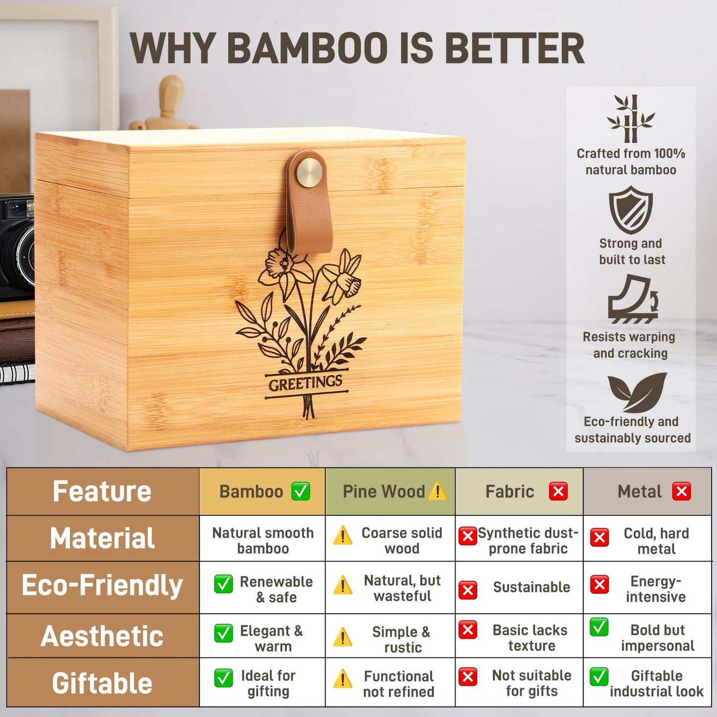Large Bamboo Greeting Card Organizer Box with 6 Removable Dividers, Real Leather Handle, 100% Handmade Solid Bamboo, Storage Box for Christmas, Valentine, & Birthday Cards, Postcards, Stationery