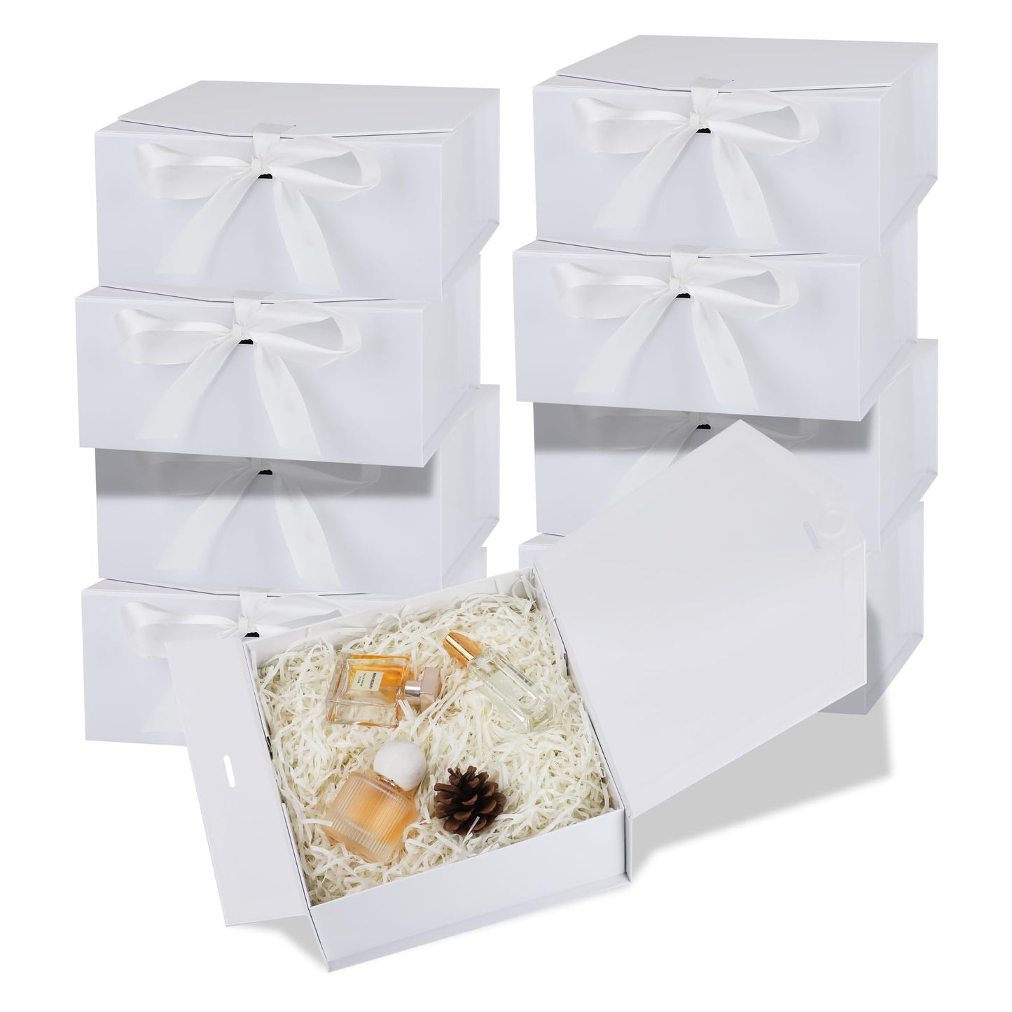 OEMVALATY 8-Pack Gift Boxes,10x7.3x3.5 Inch Magnetic Gift Boxes with Lids for Presents,White with Ribbon, Bridesmaid Proposal Box for Wedding, Storage, Birthday