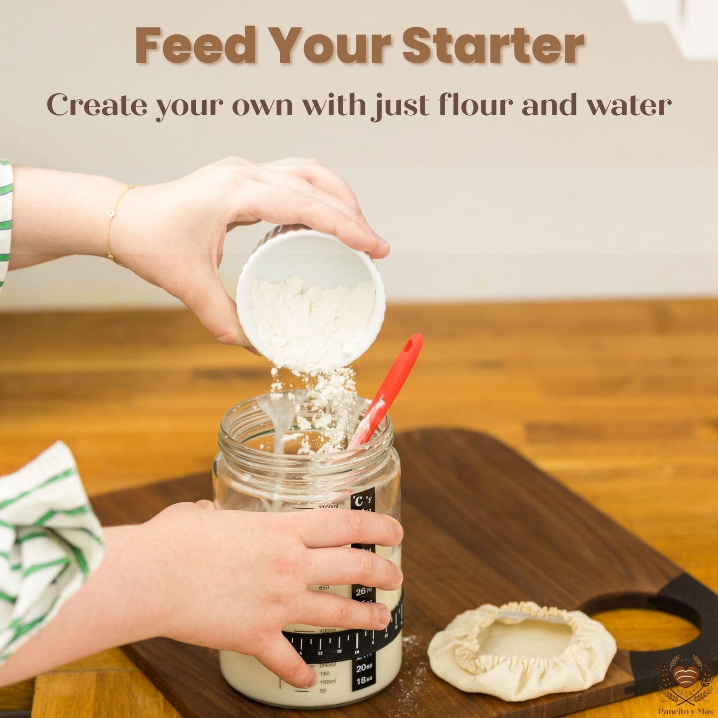 Pancito y Más Sourdough Starter Kit with Digital Scale & 37oz Jar – 12-Piece Complete Bread Baking Set for Beginners with Banneton, Bread Sling & Step-by-Step Guide