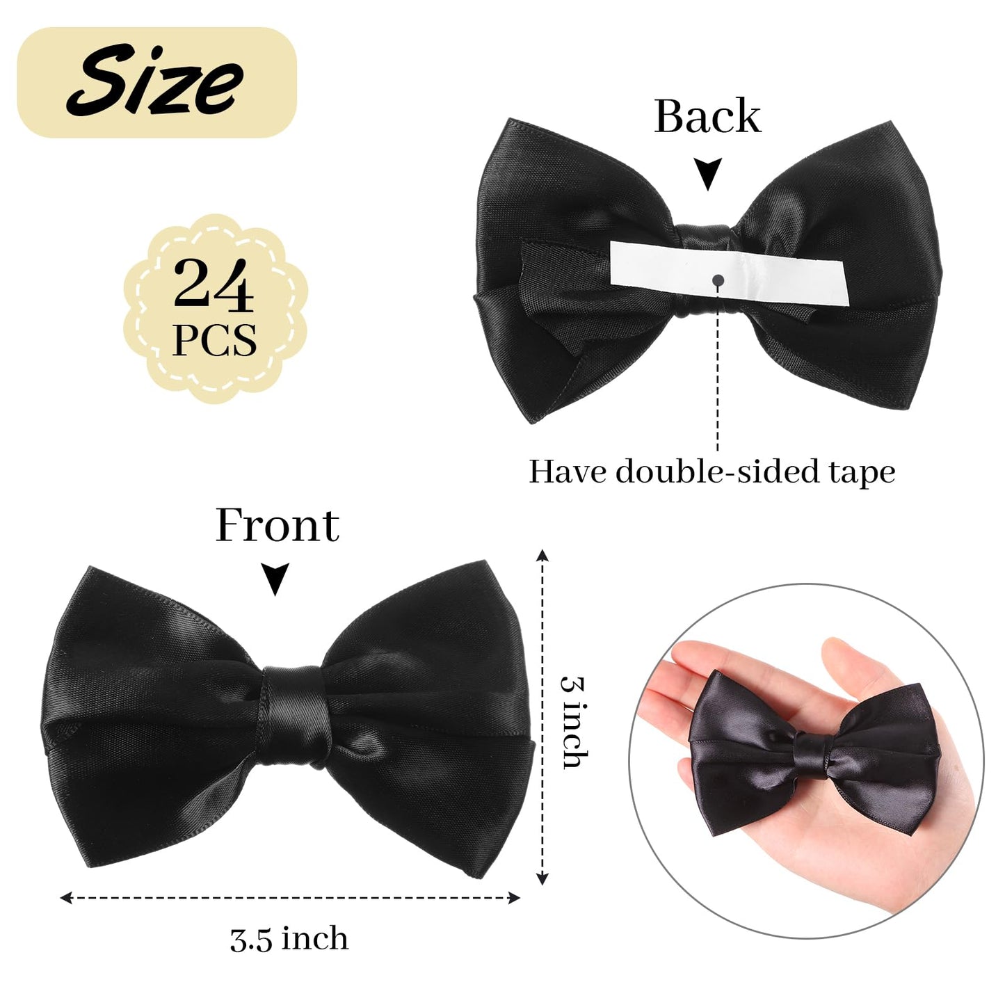 Riceshoot 24 Pcs Satin Ribbon Bows 3.5" Self Adhesive Satin Bows Gift Wrapping Stick on Premade Ribbon Bow with Double Sided Tape for Making Crafts Baby Shower Party Wedding Decor(Black)