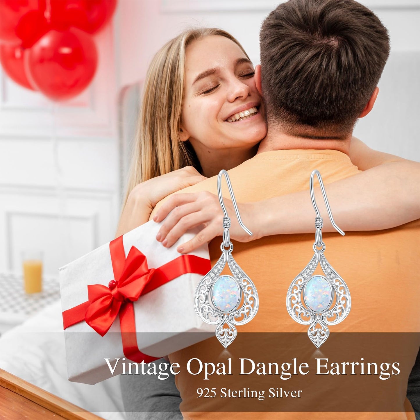 925 Sterling Silver White Opal Dangle Earrings for Women Vintage Opal Hook Earrings with Genuine Diamond for Birthday Mother's Day
