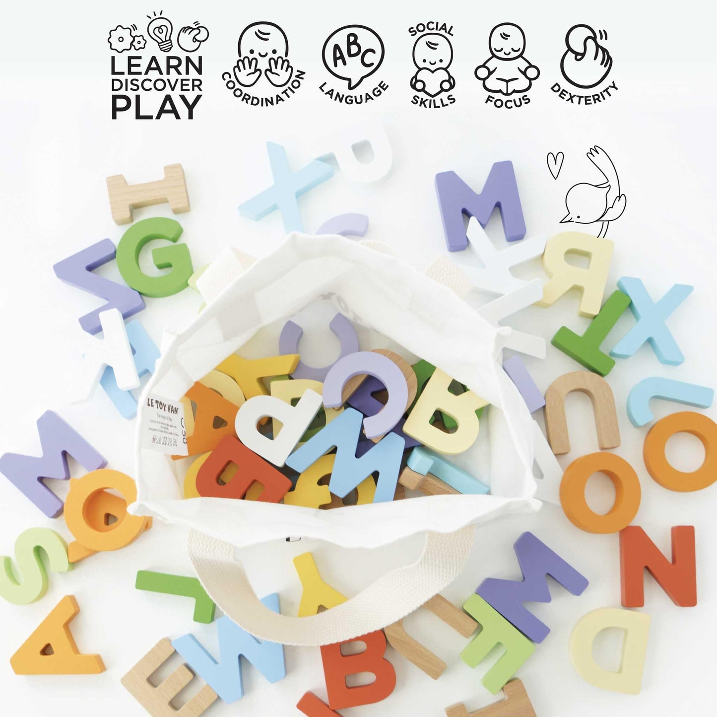 Le Toy Van - Wooden Letters in a Bag Toy, Plastic Free | Suitable for Age 18+ Months