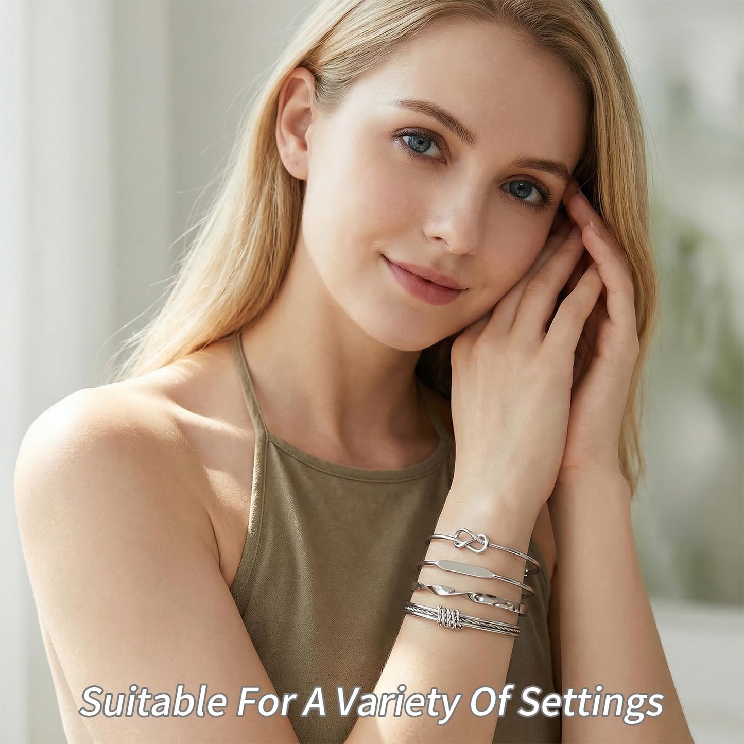 VEINARDYL Silver Bracelets set for Women, Silver Plated Bangles Cuff Bracelets Stack, Open Adjustable Bangles Fashion Accessories Jewelry Set for Gifts Birthday Valentines Day