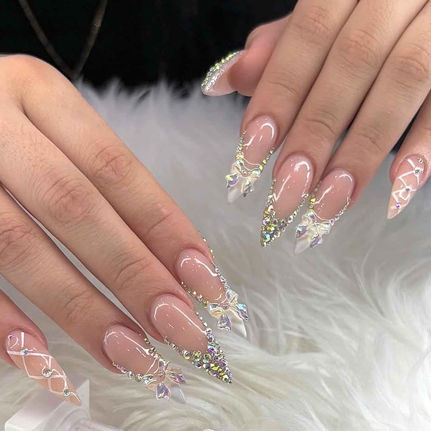 24Pcs White French Tip Press on Nails Long Stiletto Fake Nails with 3D Rhinestone Design False Nails Holographic Bow Glue on Nail Nude Glossy Full Cover Cute Bow-Knot Artificial Acrylic Nail for Women