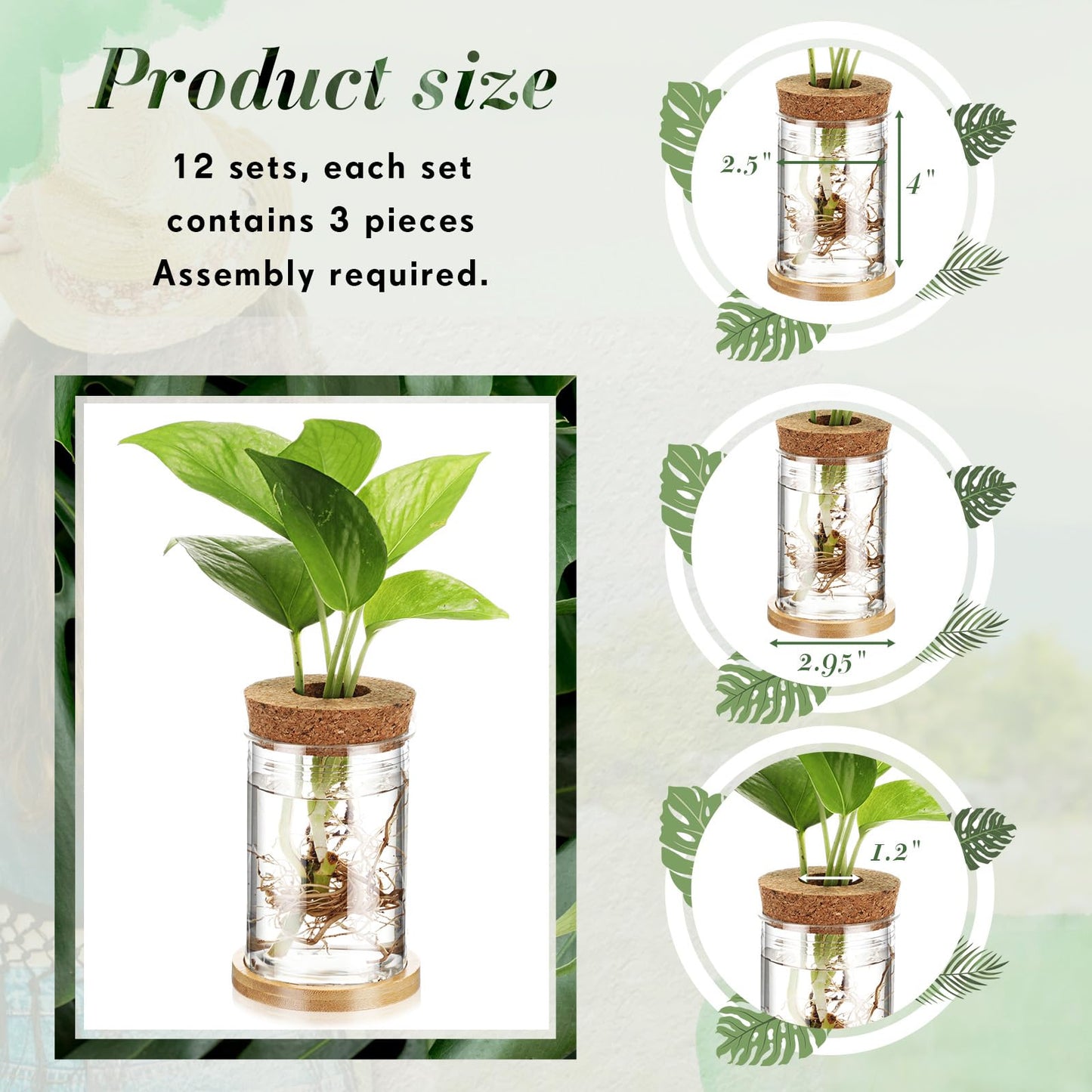 Baderke 12 Packs Propagation Vases for Plants Plastic Plant Propagation with Hole Lid and Bamboo Stand Growing in Water Hydroponic Home Office Desktop Vase Decoration(Classic Style)