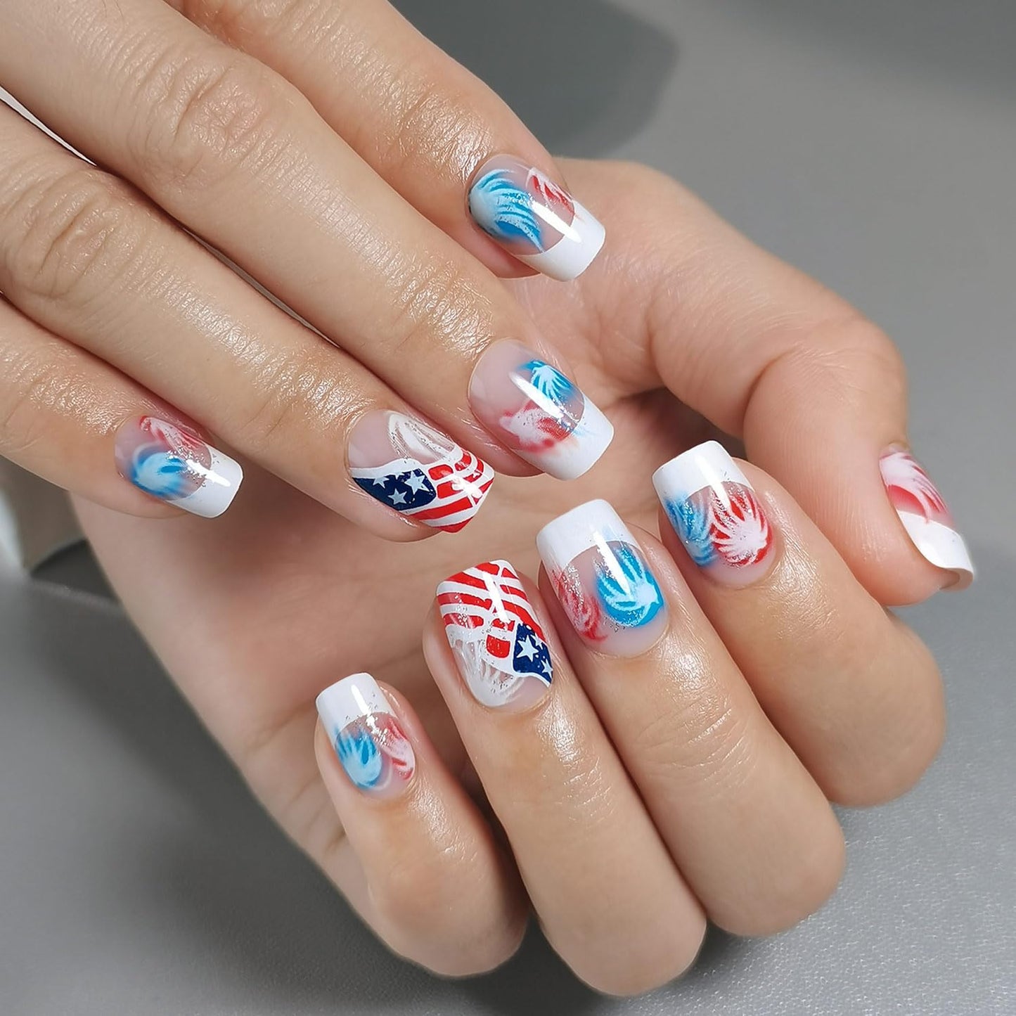 Curvlife Tip Press on Nails Acrylic Fake Nails with Design Full Cover False Nails for Women Reusable Nail Kit with Nail Glue Adhesive Tabs Nail File (AM, Short)