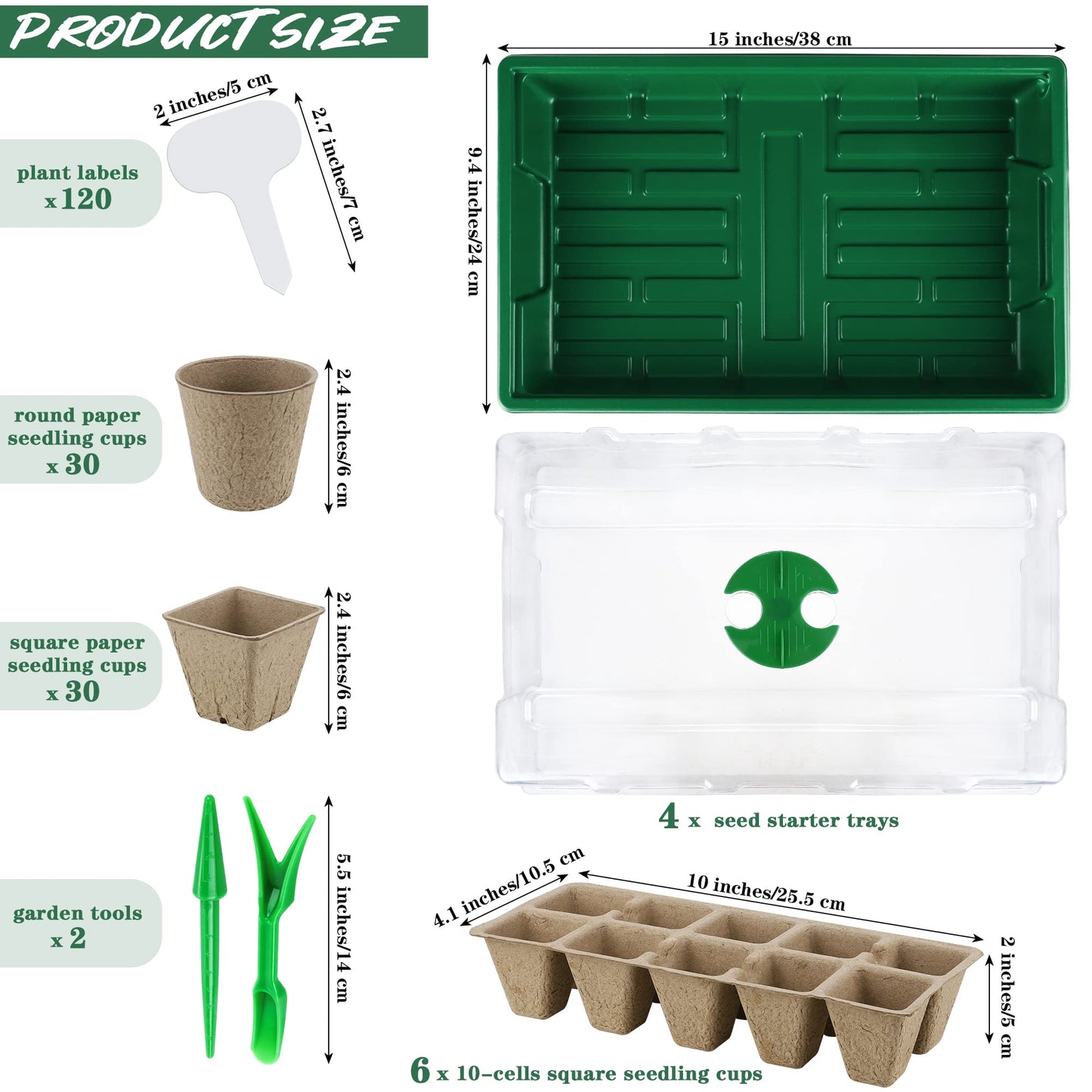 Hahood 4 Pack Seed Starter Tray Set Plants Growing Trays Peat Pots for Seedlings with Seed Starter Pots, Plastic Germination Tray, Plant Labels, Tool for Flower Vegetable Planting, Green