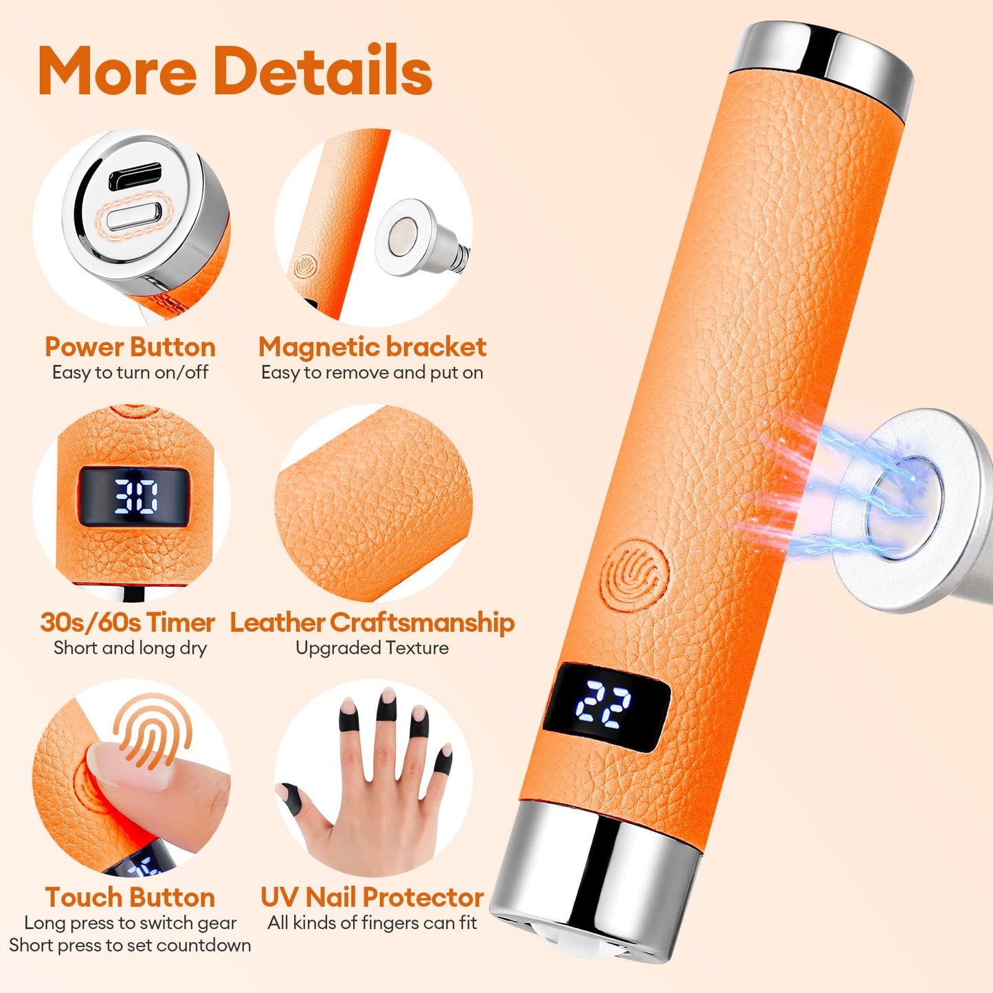LIARTY UV Nail Lamp Cordless: Mini Rechargeable Auto Sensor LCD Display 2 Timers - Gooseneck Flash Curing Light Pen for Gel Nails Polish with Base (Orange)