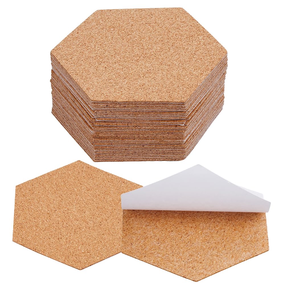 SOFPLATE 50Pcs Self Adhesive Cork Board Backings Cork Coaster Bottoms 4 Inch Hexagon Thin Cup Mat Coasters Backs Sheets Tiles for Thin Drinks Coasters Cork Board Supplies DIY Crafts Making Decoration