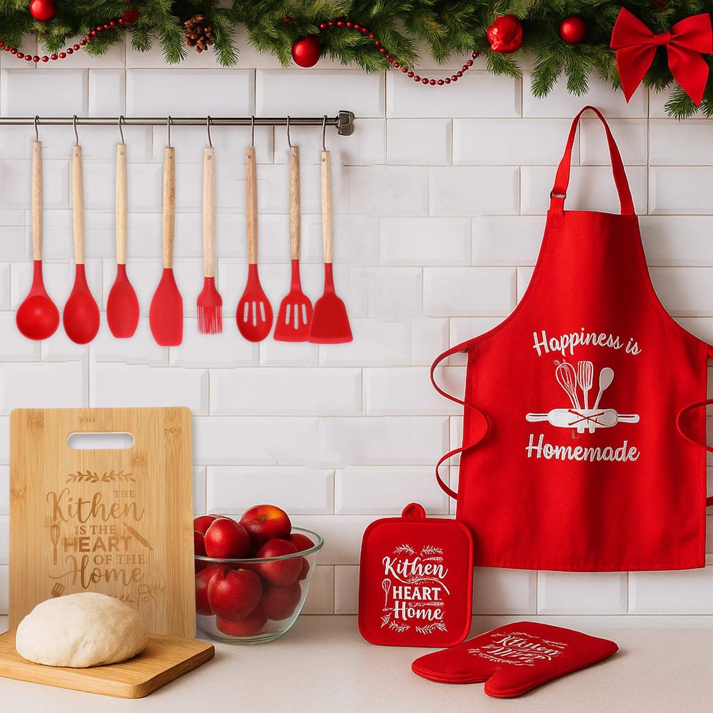 Widecook Christmas Kitchen Gifts Cooking Utensils Set with Holder Apron Pot Holders Oven Mitts Wooden Cutting Board Baking Gift Set Christmas Kitchen Cooking Tools for Baking Supplies Decoration