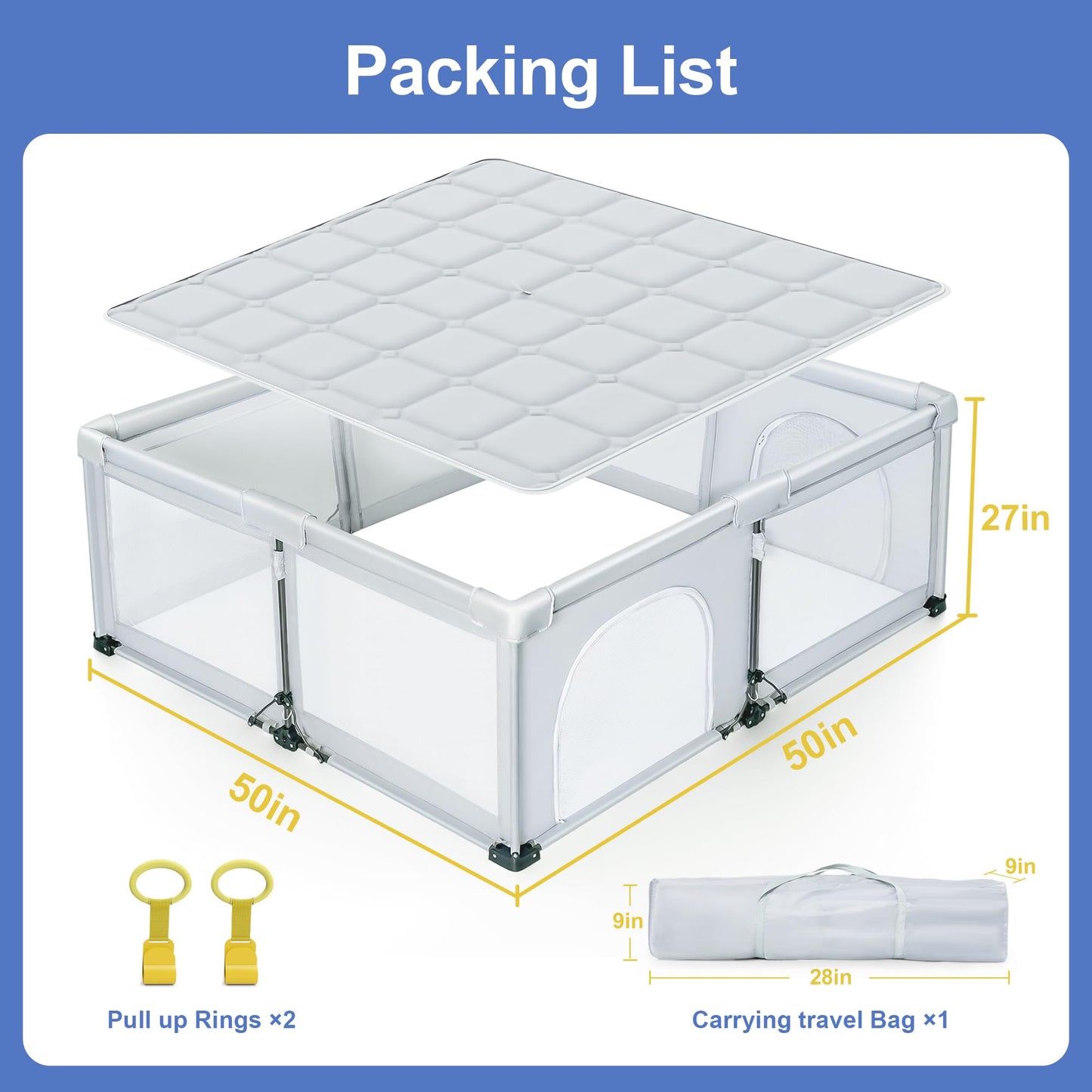 Foldable Baby Playpen with Detachable Thicken Mat, 50X50 in Foldable playpen for Babies and Toddlers, Indoor&Outdoor Portable palypen. Quick Installation&Quick Folding Baby Play Pen