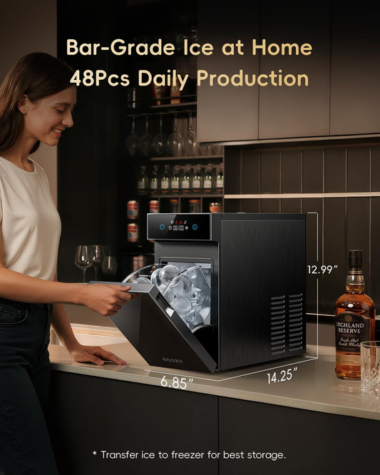 ecozy 2.1" Clear Ice Ball Maker Countertop with CrystalFlux Technology, Minimal Footprint Sphere Ice Maker with 8H Timer, 1 pc in 30 Mins, 48 pcs/Day, Self-Cleaning for Home Bar Whiskey & Bourbon