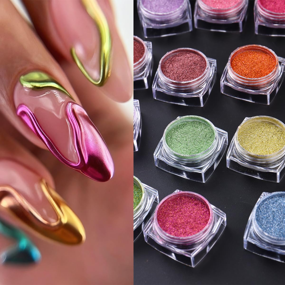 40 Colors Metallic Mirror Chrome Nail Powder Set, Professional Metallic Mirror Pigment with Holographic Shine, Includes Rose Gold Silver Champagne Shades for DIY Nail Art & Salon Manicure