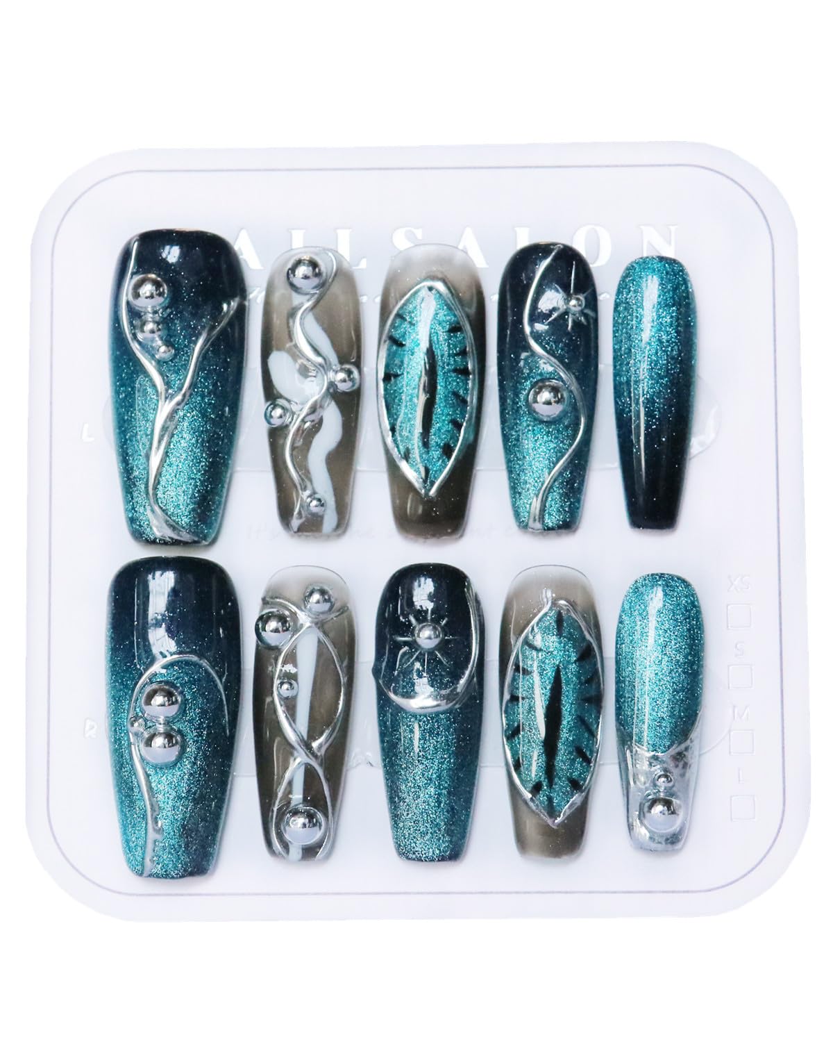 CAMILCY Handmade Press on Nails Long Coffin Blue Black Silver Glossy Luxury 3D Metal Charms Reusable Acrylic Artificial Fake Nails Full Cover False Nails for Women 10pcs (A048, S)