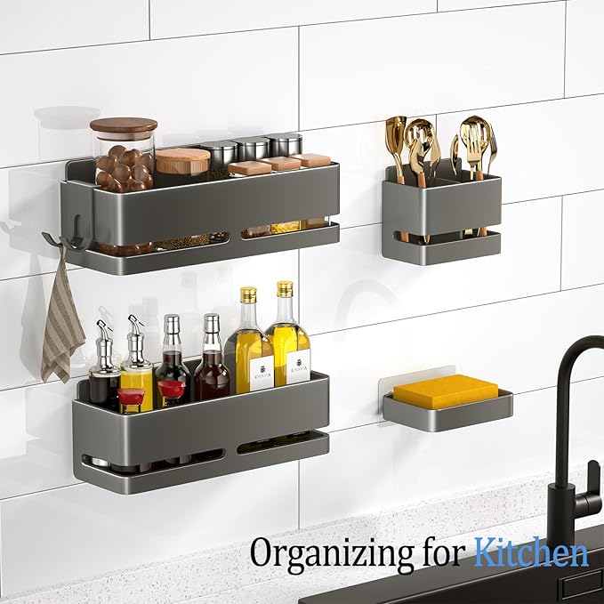Bathroom Storage Rack (5-Piece Set), Wall-Mounted Shelf with soap Dish and Toothbrush Holder, no Drilling Required, Ideal for Bathroom Storage and Also Suitable for Kitchen (Grey)