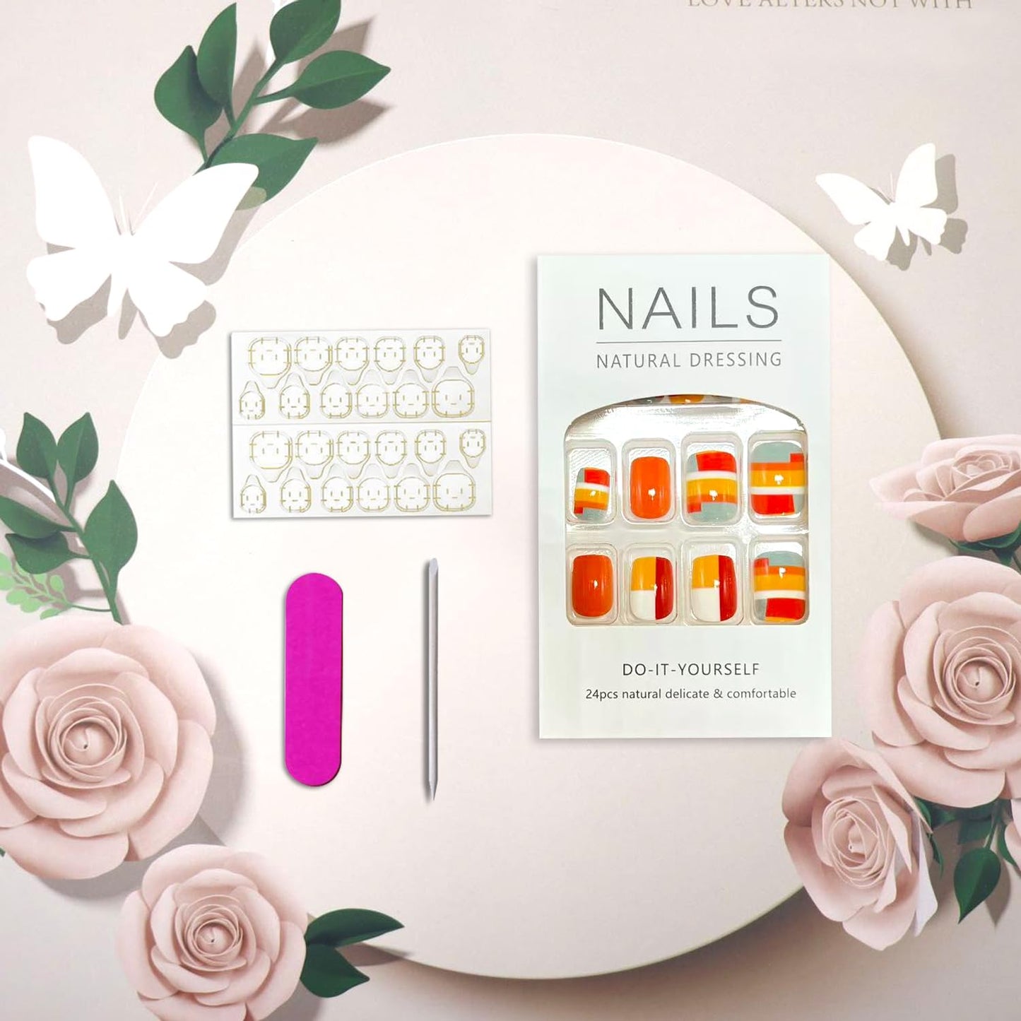 Vopintpy Orange Stripe Press on Nails Medium Square Fake Nails with Design Glossy Acrylic Glue on Nail Reusable Full Cover Artificial Stick on Nail for Women DIY Manicure