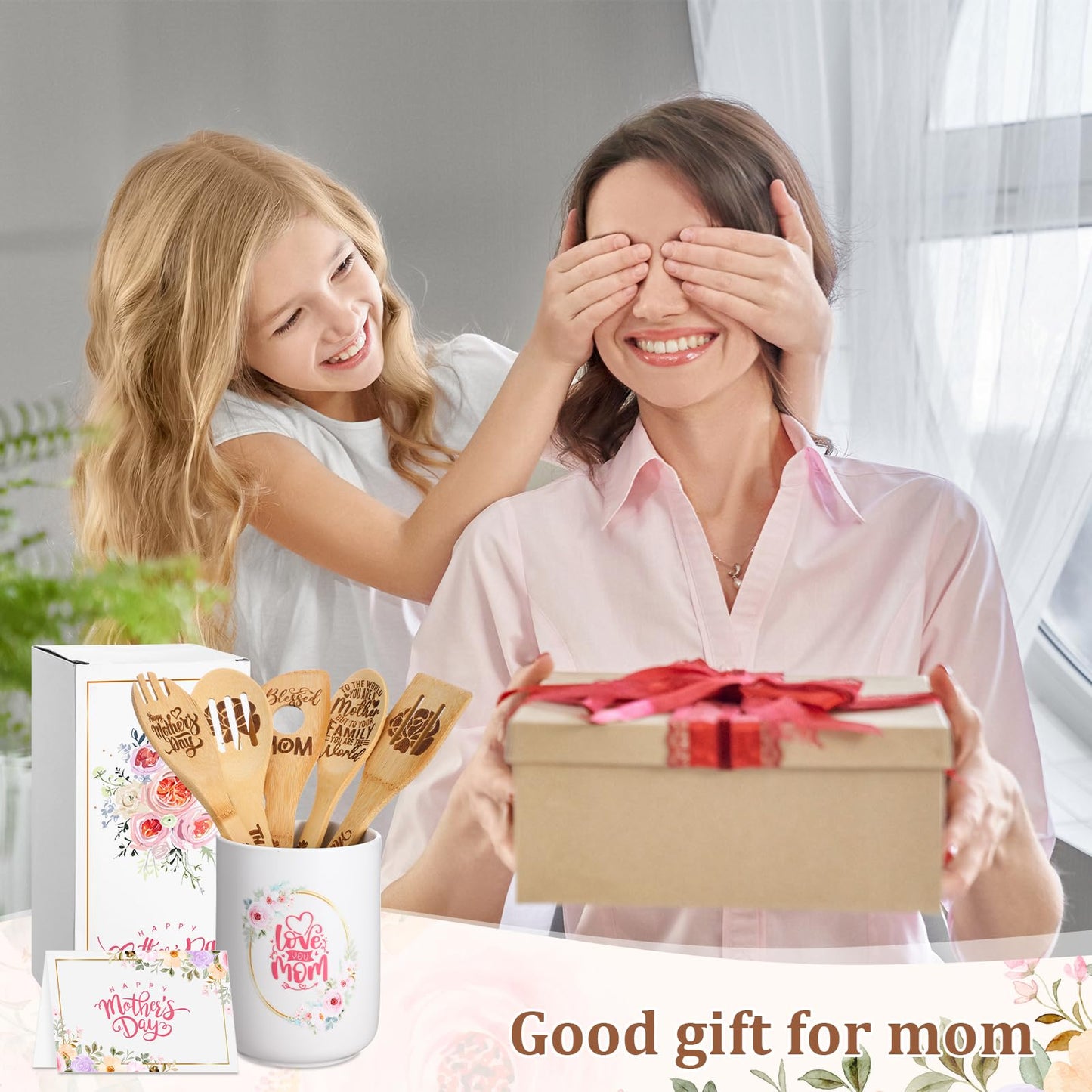 Baderke 8 Pcs Mother's Day Gifts for Mom Ceramic Utensil Holder with Wooden Spoon Set Kitchen Gadget Utensil Wooden Spatulas Set Cooking Mom Gift Cooking Tool for Hostesses Warming Kitchen Accessories