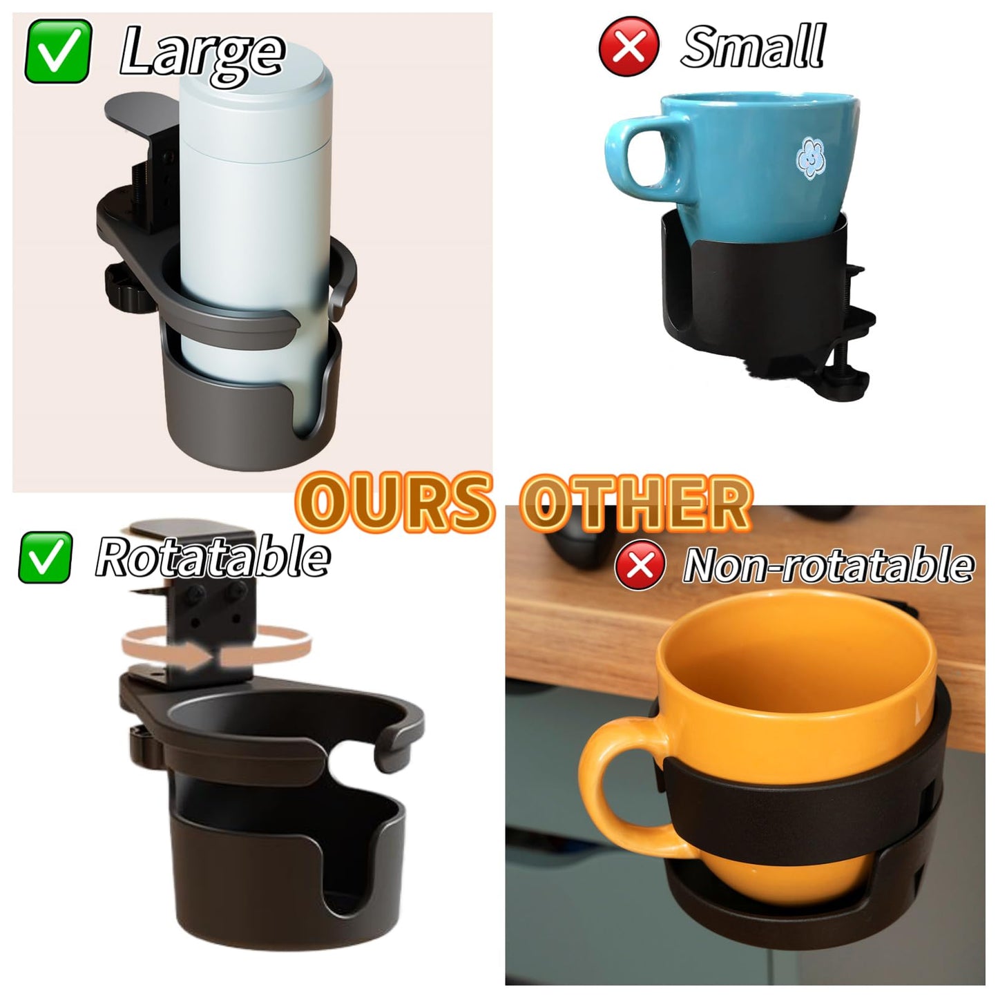 XULIONTS No Drill Desk Cup Holder Clamp, 360° Rotating Anti-Spill Table Cup Holder, Adjustable Clip on Cup Holder for Gaming Desk, Gamer Gift, Drink Holder for Coffee Cup, Office Accessories (Sleek)