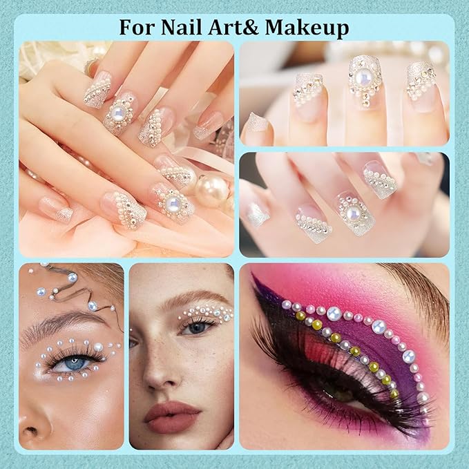 4 Boxes Flat Back AB Pearls Kit 11 Flatback PeachAB Half Round Pearls 3-10mm with Pickup Pencil and Tweezer for Home DIY and Professional Nail Art, Face Makeup and Craft