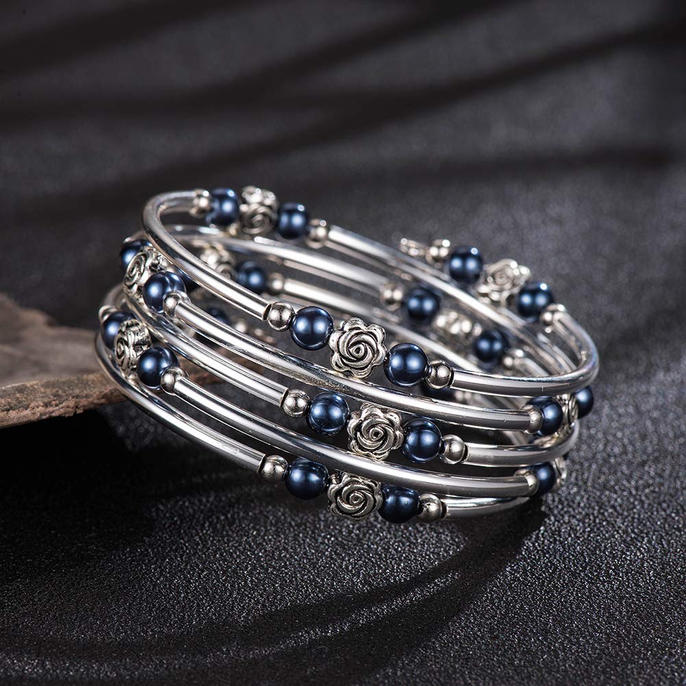 BULINLIN Wrap Bangle Rose Bead Bracelet - Beaded Bracelet with Natural Agate Stone Gifts For Women(01-Navy blue pearl)