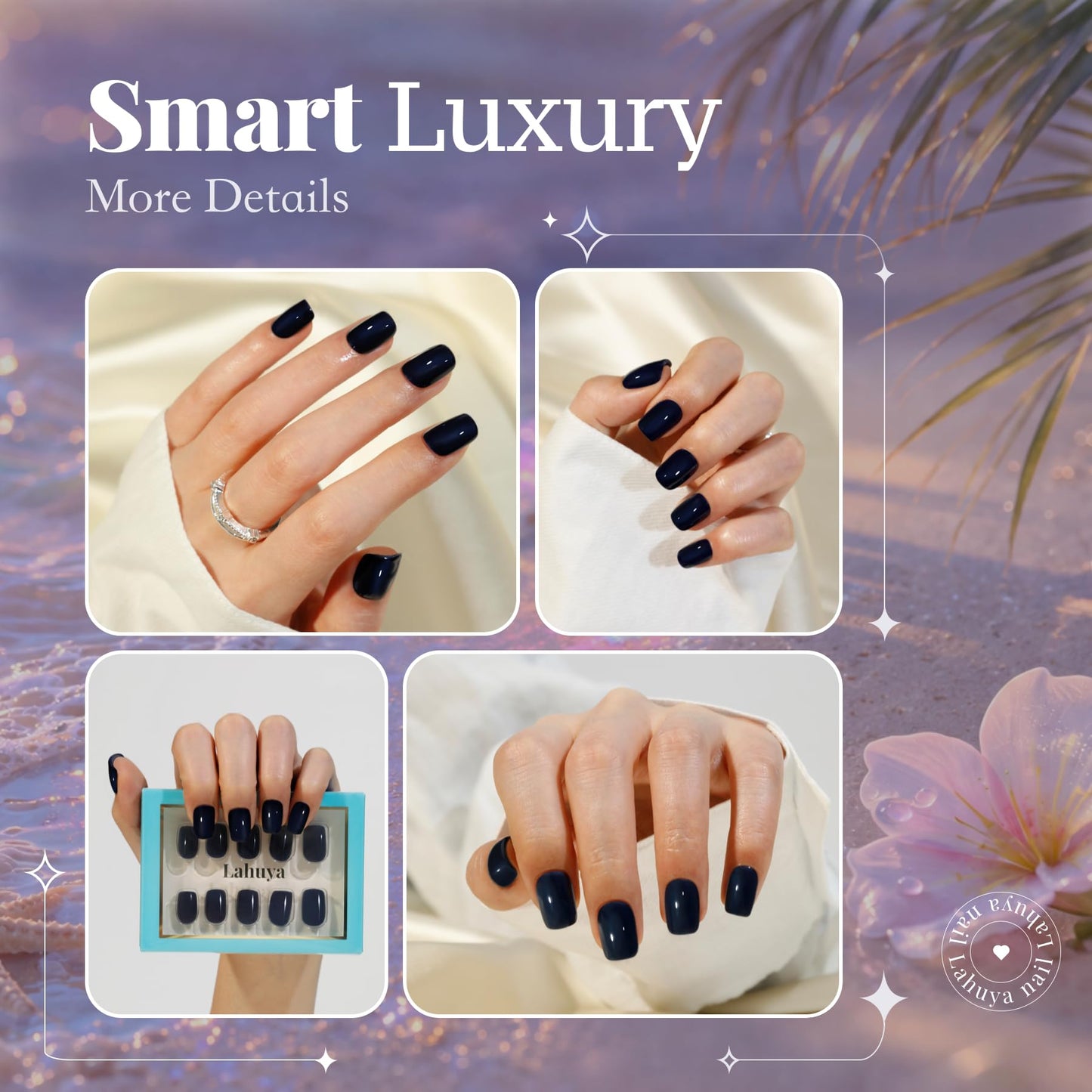 LAHUYA Press On Nails – Navy Blue | Nail Artist Designed Short Squoval Fake Nails with Glossy Navy Blue Finish, Reusable Press On Nails in 15 Sizes – 30 Nails Kit with Glue