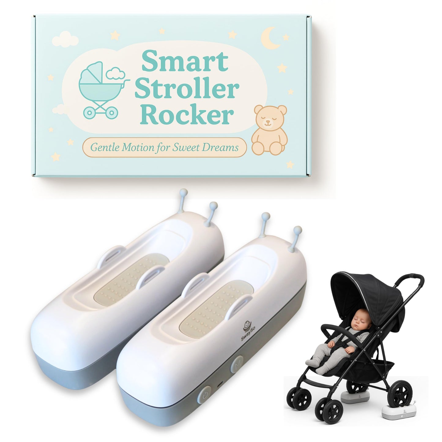 Automatic Stroller Rocker Attachment – Smart Infant Soother for Peaceful Sleep – Rechargeable, Remote Control, Two Soothing Modes – Single-Wheel Lightweight Strollers Only- SwaySo