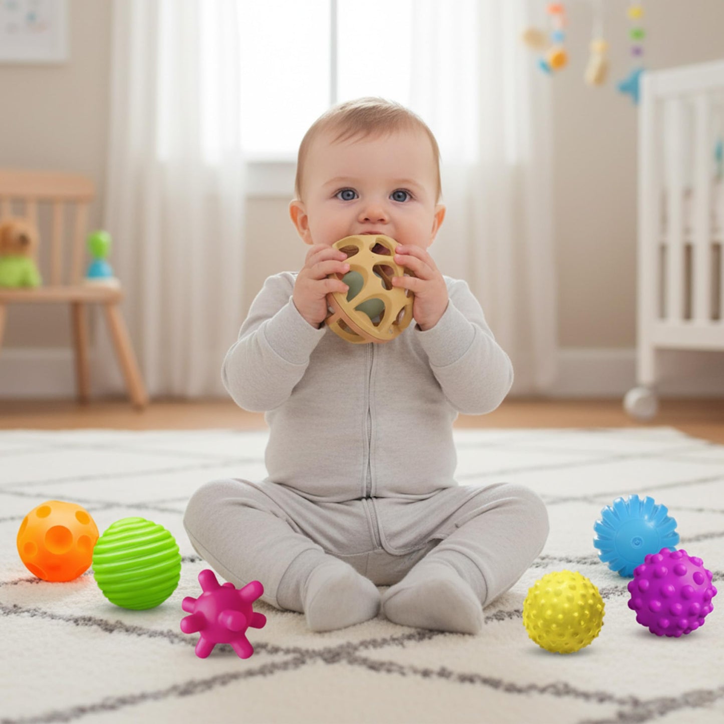 Baby Sensory Toy Bundle - 6-Piece Infant Textured Squeeze Balls (Multi-Massage) + Rattle Teething Balls, Montessori Soft Chew Rattles, Safe Wheat Straw Travel Toys, Developmental Newborn 6-12 Months