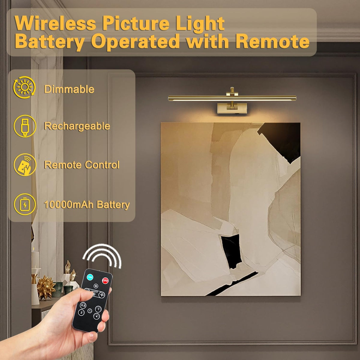 Wireless Picture Lights with Remote and Timer Rechargeable Brass Gallery Lighting Battery Operated Art Lights Over Frame Portrait 5W 24'' Inch Warm White