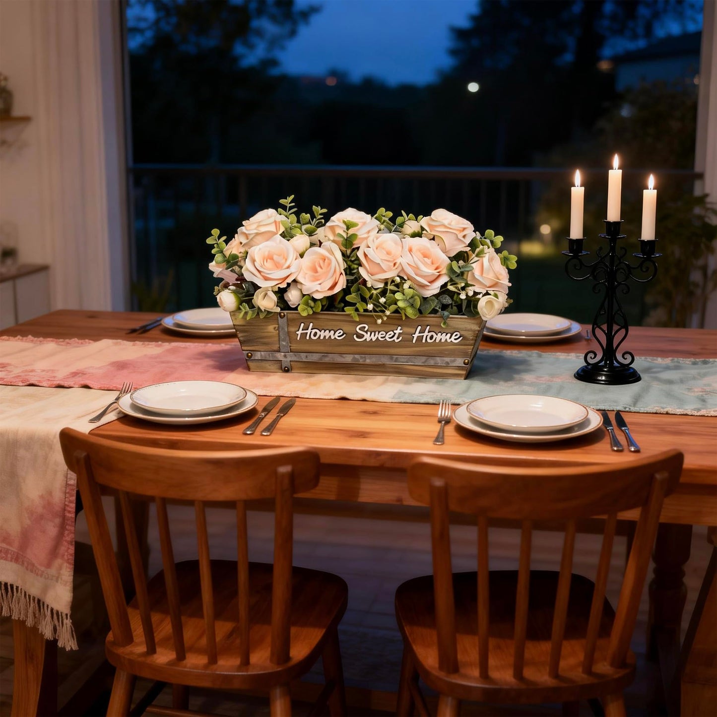ANMAYNICE Artificial Rose Flower Arrangement with Eucalyptus in Wooden Planter, Faux Flowers Farmhouse Table Centerpiece, “Home Sweet Home” Rustic Home Décor, Champagne