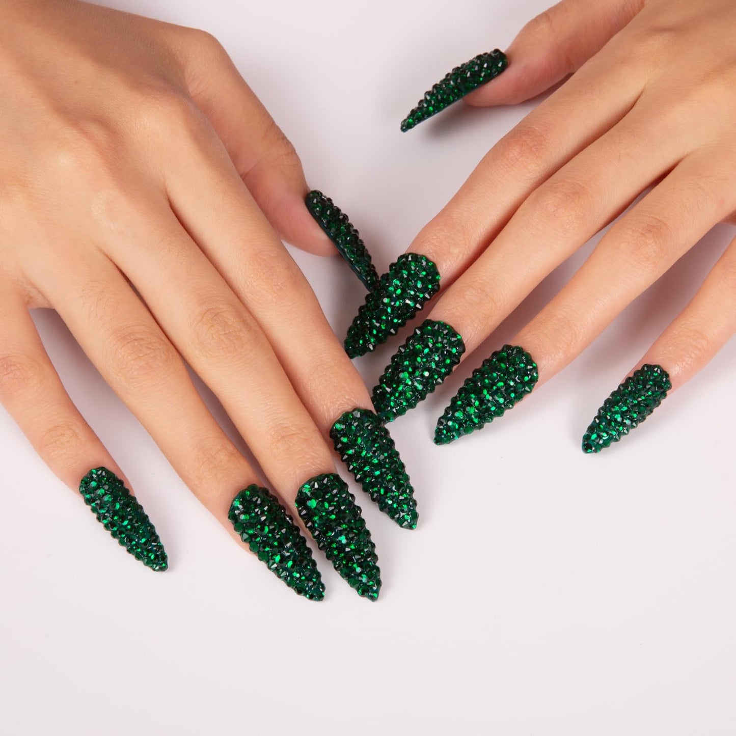 LOVFUL Press on Nails Classic Green Rhinestone | Handmade with Full Covered Crystals | Reusable Fake Nails | Stiletto Classic Regular 1.3 in | H147-S