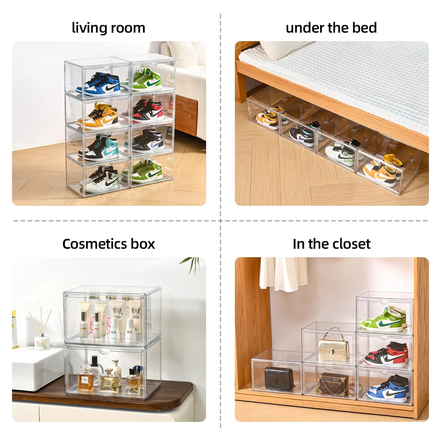 Uni HIMO Clear Shoe Organizer,Stackable Shoe Display Case,Shoe Box Storage Bins with Magnetic Door,Fit Shoe Size Up to US 14 (X-Large-2Pack)