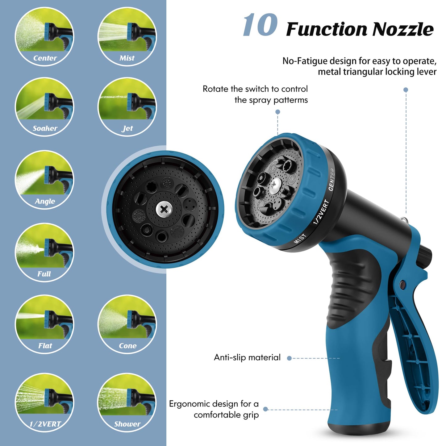 Advinski Garden Hose 50FT, Water Hose with 10 Function Nozzle, Garden Hose with Leak-proof Connectors, No-Kink, Lightweight, Puncture-proof,550PSI, Hose for Outdoor, Yard