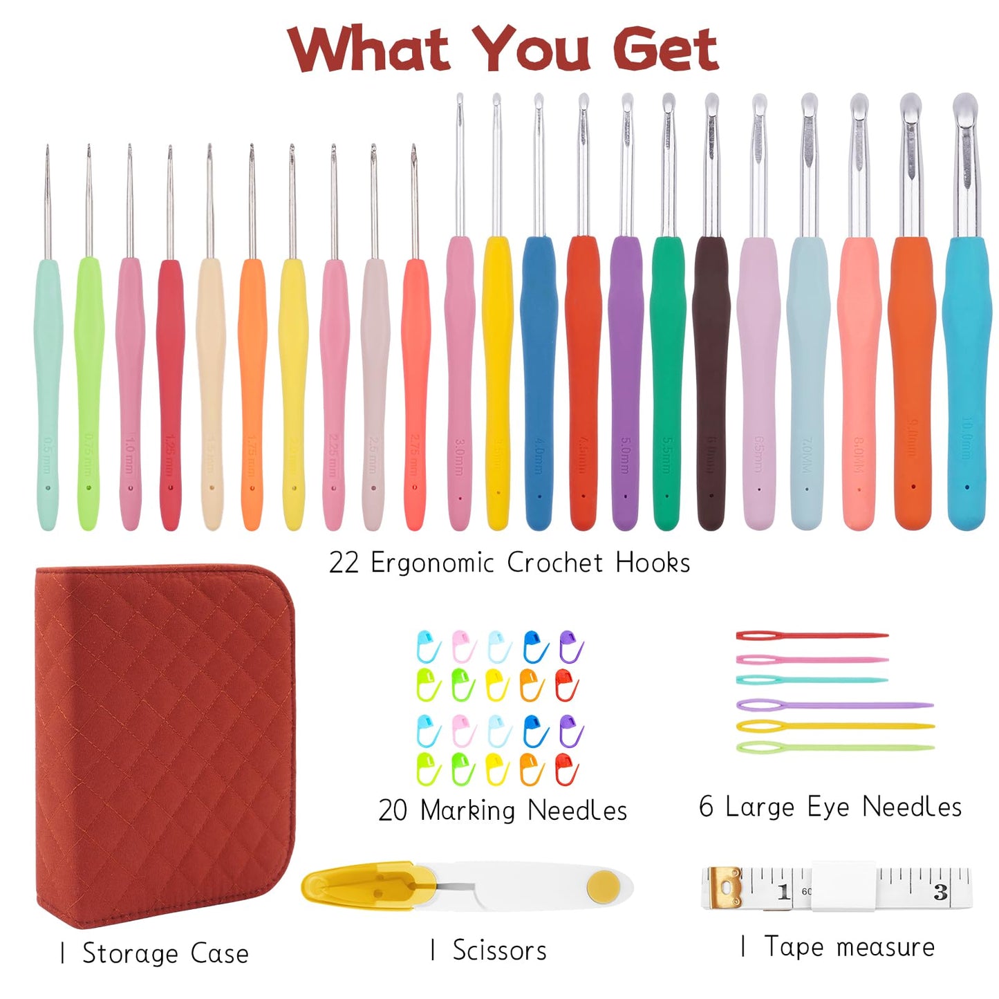 BsHooker 22 Sizes Crochet Hooks Set with Storage Case,0.5mm-10mm Crochet Hooks with Ergonomic Soft Handle for Arthritic Hands,Crochet Kit for Beginners,Red