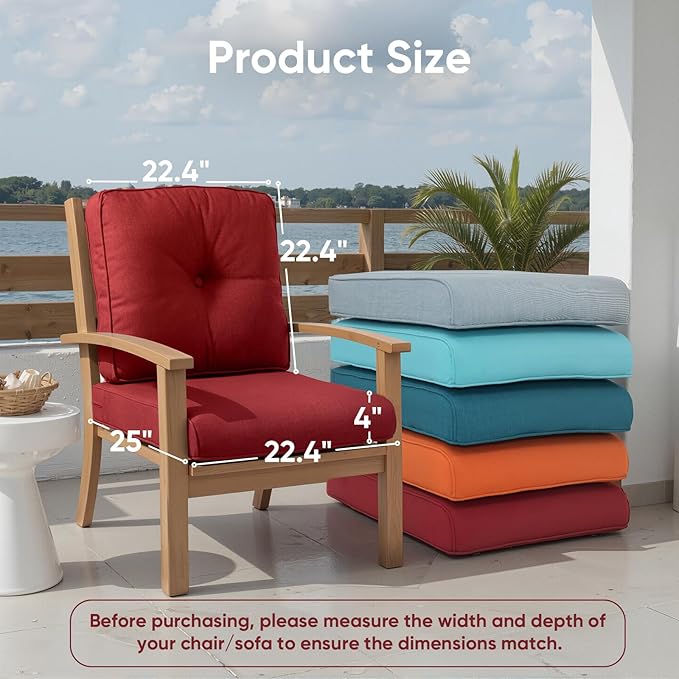 Outdoor Chair Cushion Set of 2, Waterproof Outdoor Seat Cushions 25x22, Patio Chair Cushions for Outdoor Furniture, Couch Cushion Replacement, Include 2 Back & 2 Seat Cushions, Button/Red