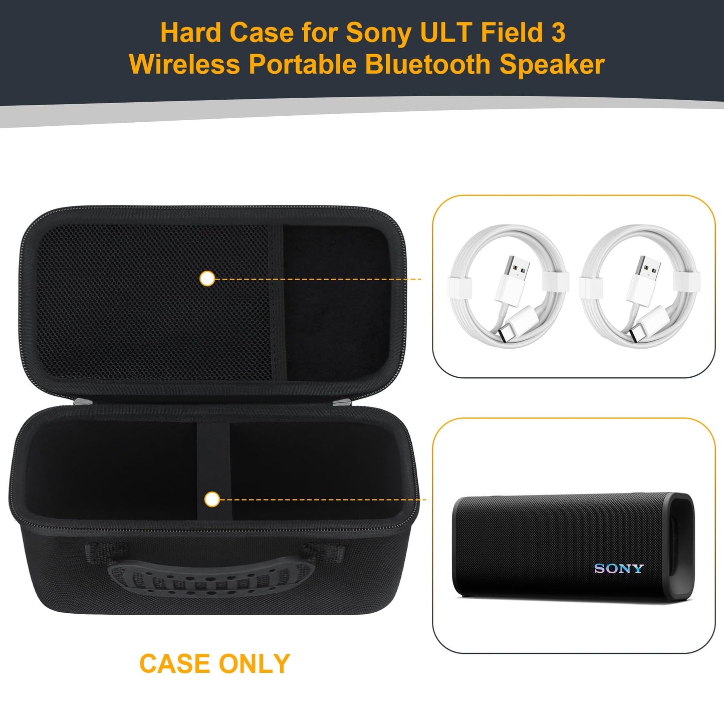 RAIALL Hard Travel Case for Sony ULT Field 3 Wireless Portable Bluetooth Speaker, Sony ULT Field 3 Protective Carrying Storage Bag, Extra Mesh Pocket for Shoulder Strap and USB Cable, Black