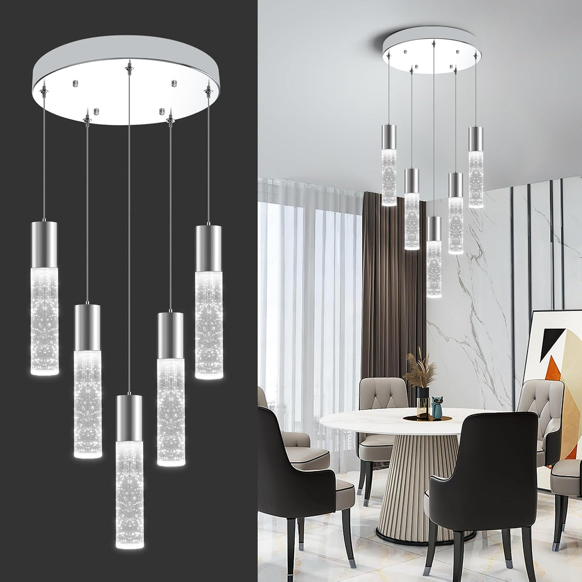 OKELI 5-Light Pendants Light for Kitchen Island Dining Room, 6000K Bubble Crystal Modern LED Kitchen Hanging Lights, 30W Chrome Pendant Lighting Fixture, Round