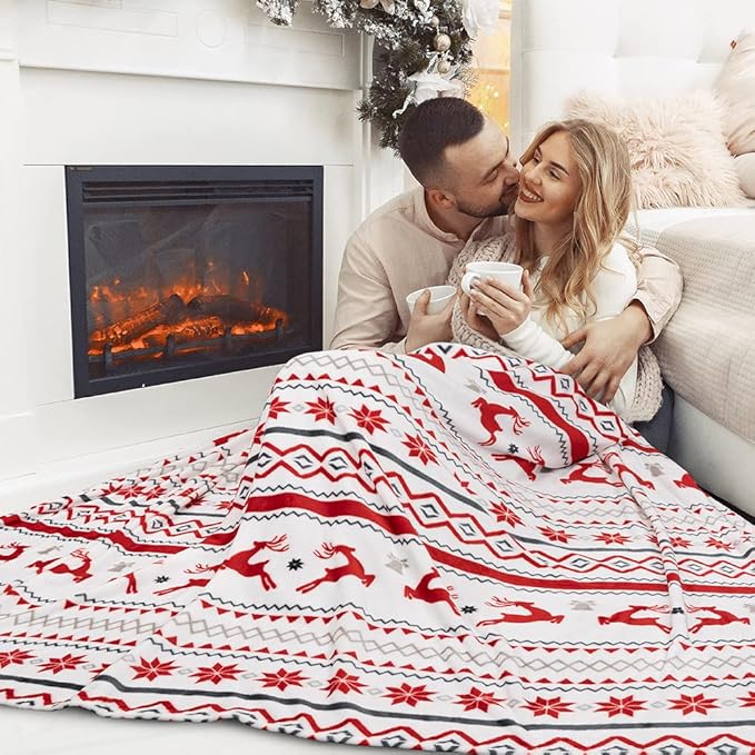 PAVILIA Christmas Throw Blanket | Holiday Christmas Reindeer Snowflakes Fleece Blanket | Soft, Plush, Warm Winter Cabin Throw, 50x60 (White Reindeer)