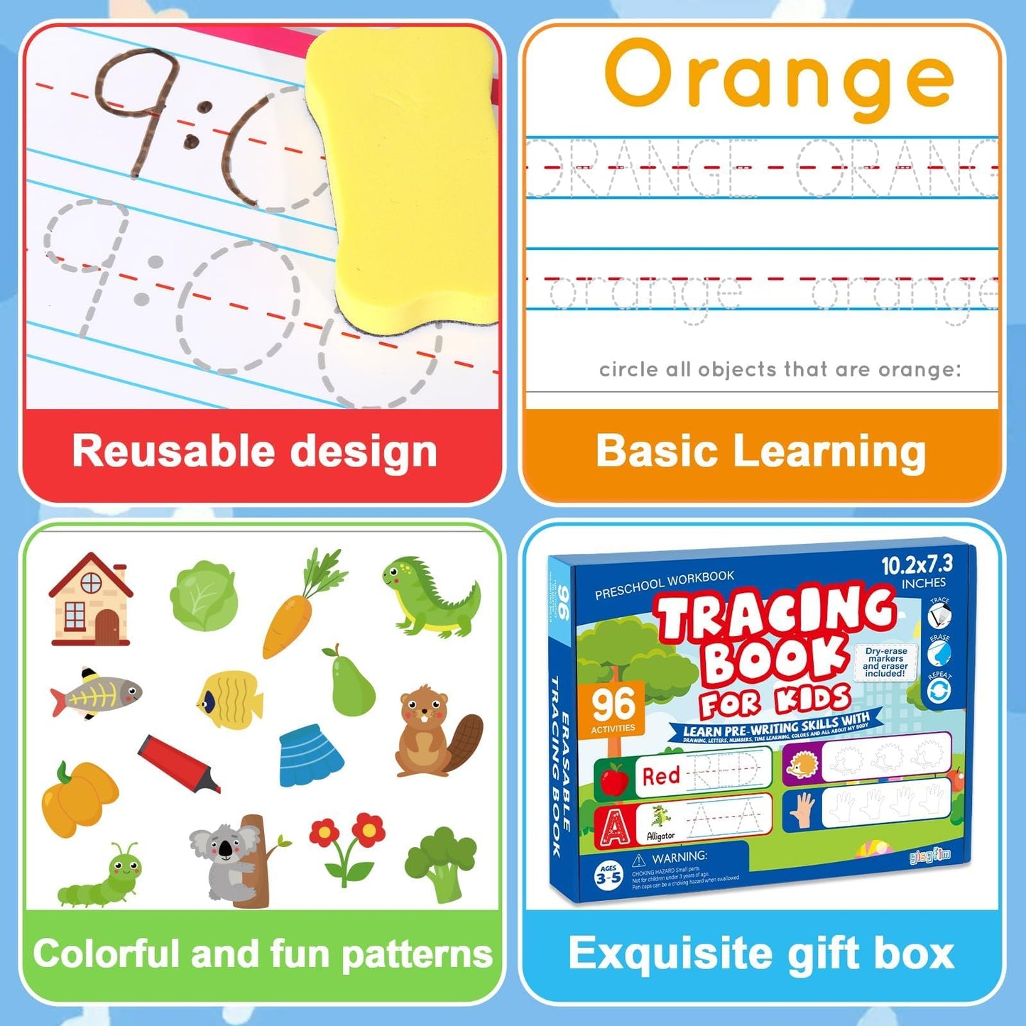 gisgfim Preschool Learning Activities 96 Pages Tracing Books for Kids Ages 3-5 Kindergarten Workbooks Dry Erase Autism Learning Workbook Writing Practice for Kids Letter Tracing Pre K Busy Book 6 Pads