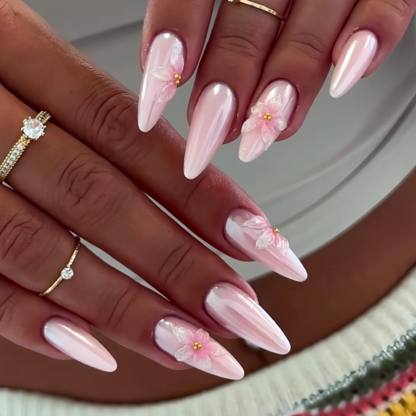 SEENEEY Almond Press on Nails Long Fake Nails Pink Floral Stick on Nail for Women 24pcs