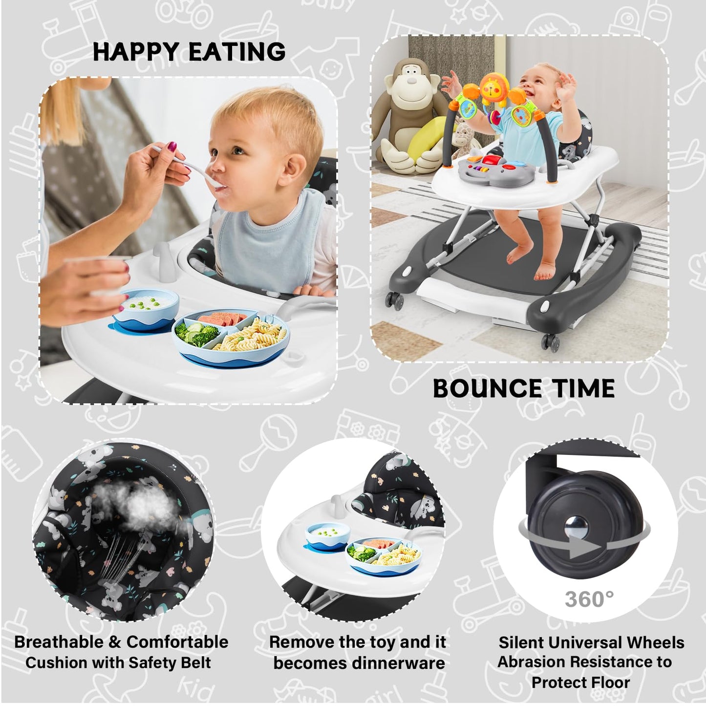 RefoereBabe Baby Walker, 5 in 1 Baby Walkers for Boys Girls 6-12 Months, Foldable Walkers for Babies with Bouncer & Feeding Tray, Music, Adjustable Heights, Activity Walker for Infant