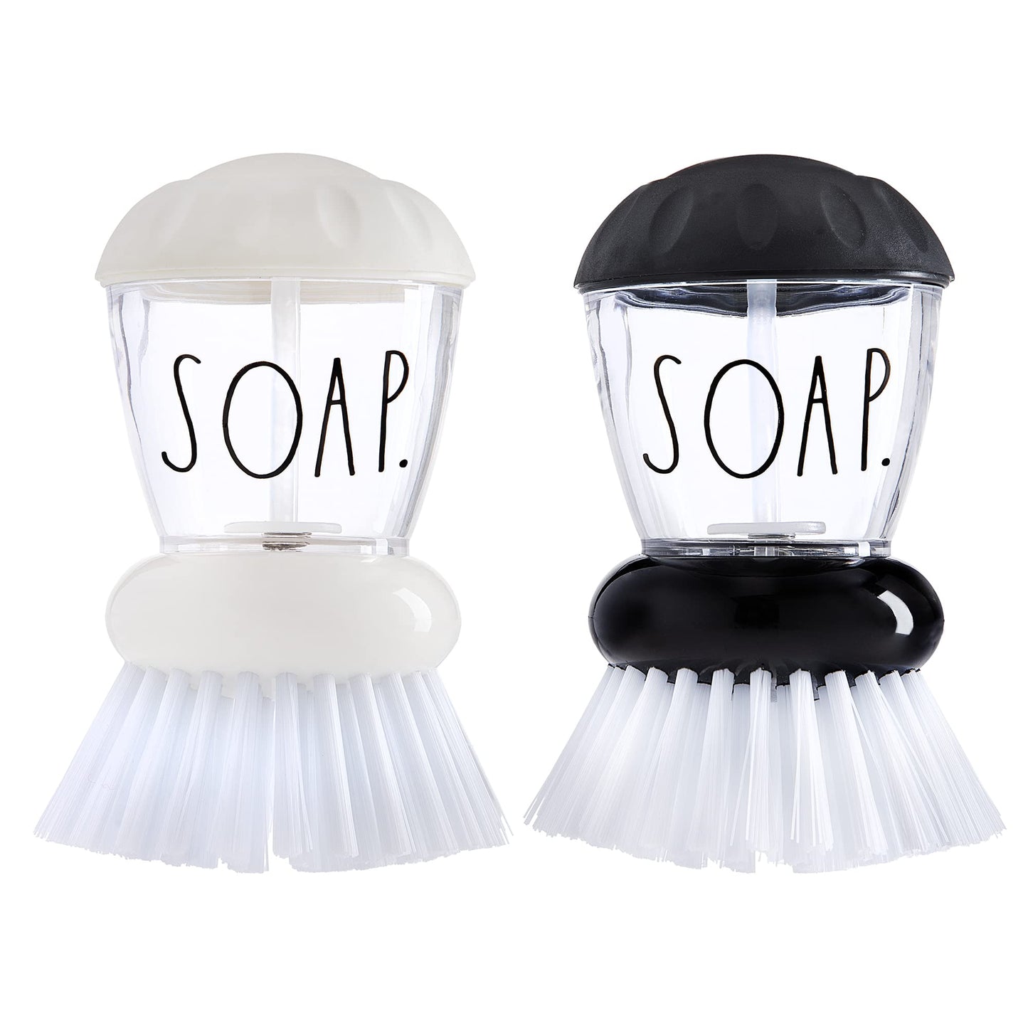 Rae Dunn Collection Soap Dispensing Dish Brush Set - Set of 2 Palm Brush Dish Scrubber with 2 Replacement Brush Heads
