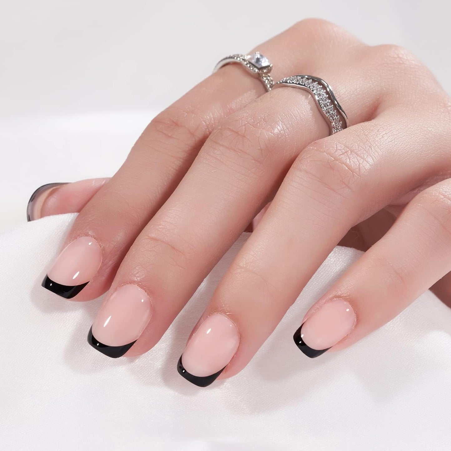 French Tip Press On Nails - BTArtbox Jelly Square Fake Nails with Nail Glue, Reusable Semi-Transparent Stick On Nails in 16 Sizes - 32PCS Soft Gel Glue On Nails Kit, Classic Black