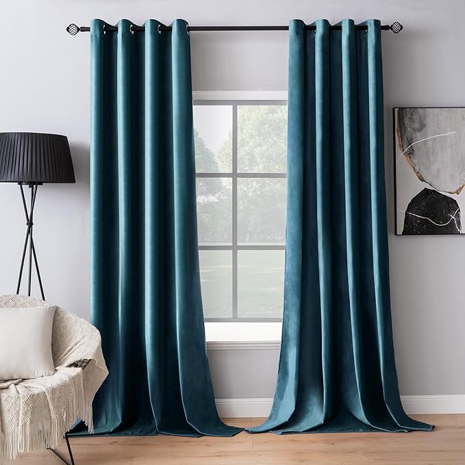 MIULEE Blue Velvet Curtains 84 Inches Length Blackout Curtains Thermal Insulated Soundproof Room Darkening Grommet Curtains/Drapes for Living Room Bedroom 52 x 84 Inch 2 Pcs Peacock Blue