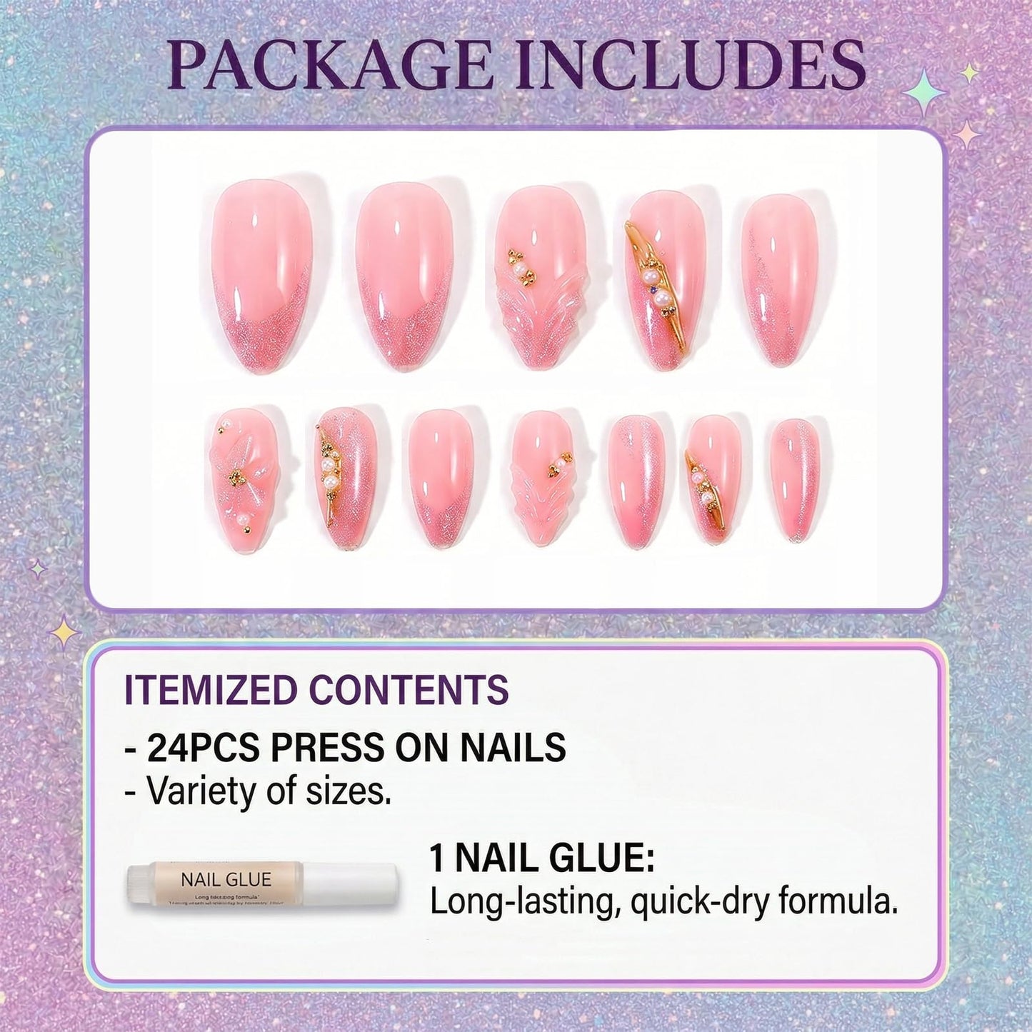 IMRAIN Almond Press on Nails, Medium Fake Nails, 3D Sculpted Pink Flower Gold Chrome, 24Pcs Reusable Glue on Nails for Women, Salon Quality