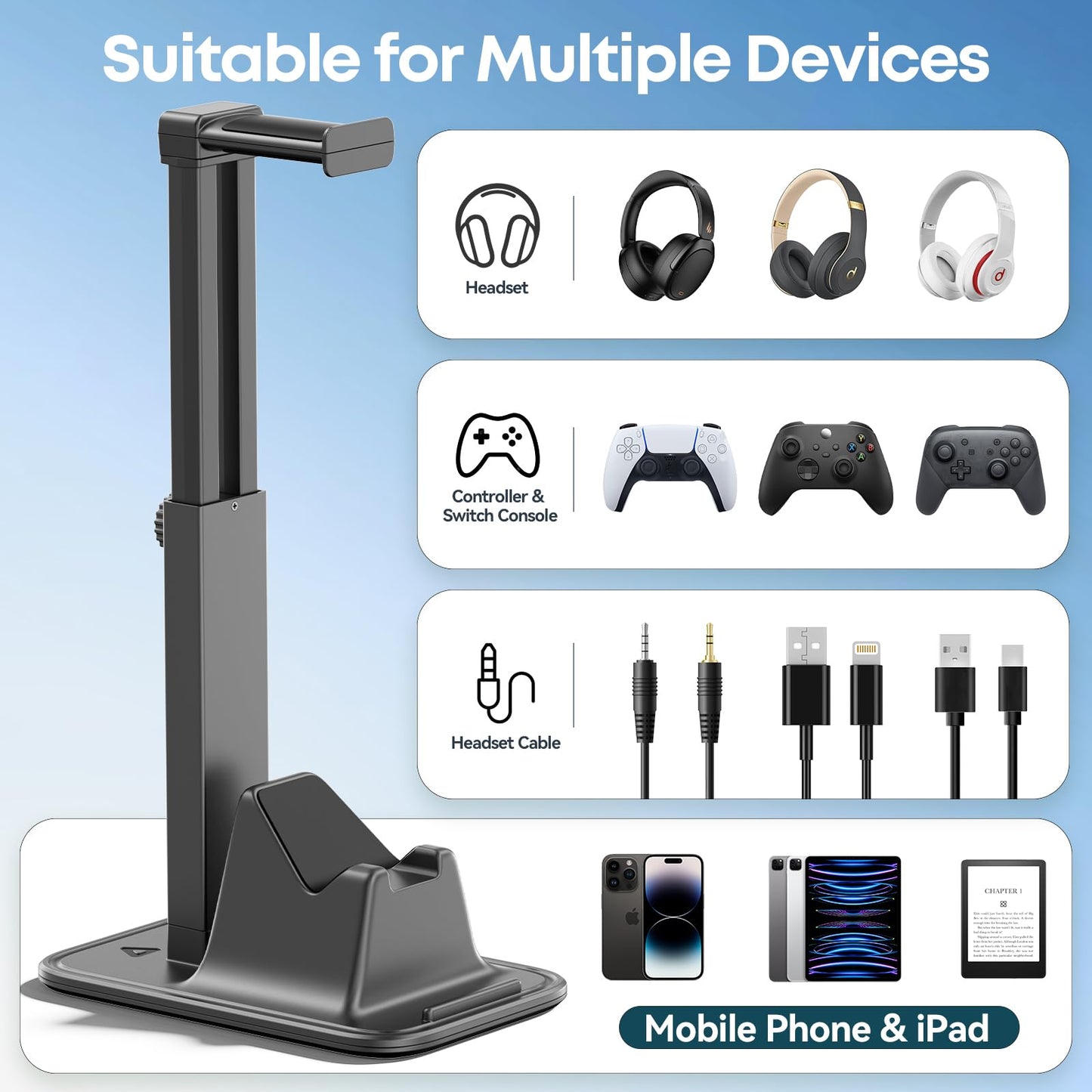 Gaming Headset & Controller Stand, Rotating Headphone Storage with Controller & Phone Holder, Game Desk Storage with Cable Organizer for PS5/PS4/XBOX PC Gamer Essentials Organizer Gift Accessories