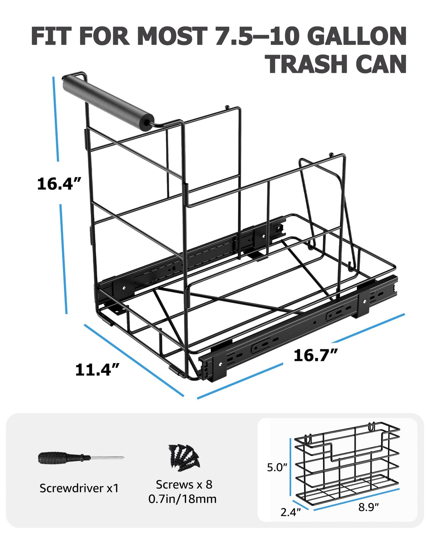Bulado Pull Out Trash Can Under Cabinet, Under Sink Trash Can Kit for 7.5-10 Gallon with Garbage Bag Holder, Heavy Duty Steel Frame, Holds Up to 125 lbs, Easy to Install (Bin Not Included)